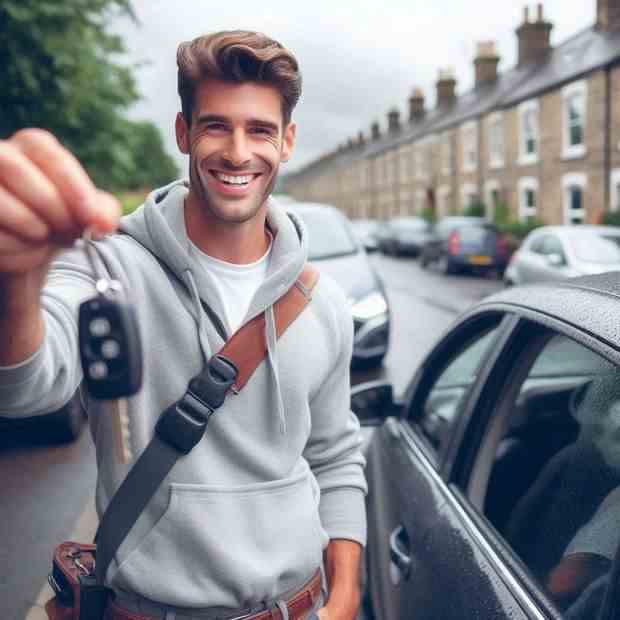 Cheerful woman smiling next to her car, confident in her choice.