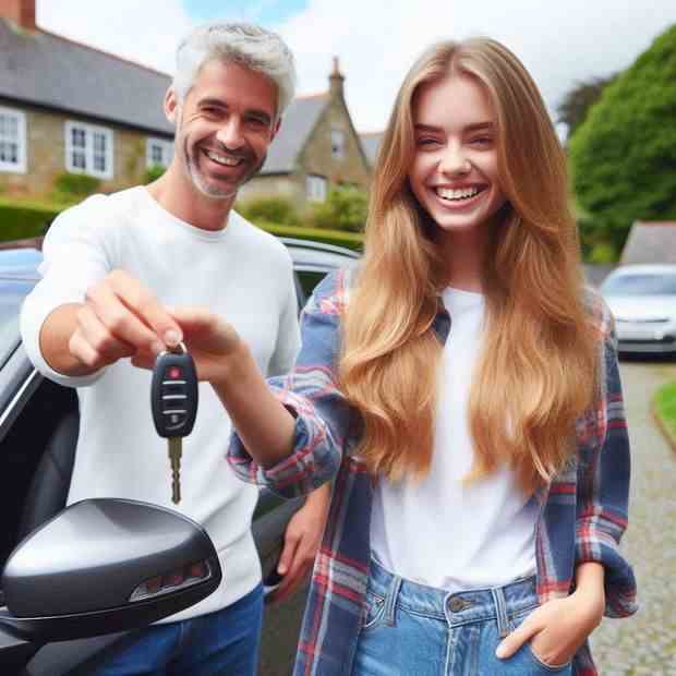 Young woman leaning casually on her car, exuding confidence.