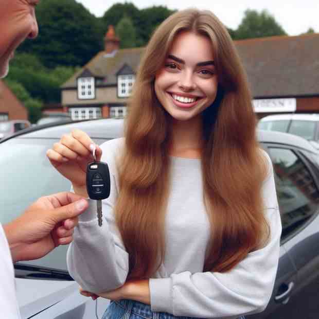 Satisfied woman leaning against her car, thrilled about her new policy.