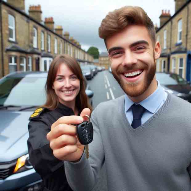 Woman standing by her car on a sunny day, happy with her insurance.