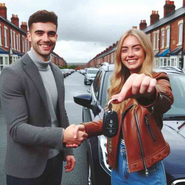 Joyful woman raising her car keys, celebrating her smart decision.