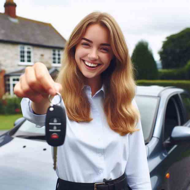 Lady leaning on her car window, enjoying her new insurance policy.