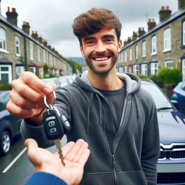 Smiling driver standing proudly by her vehicle after buying insurance.